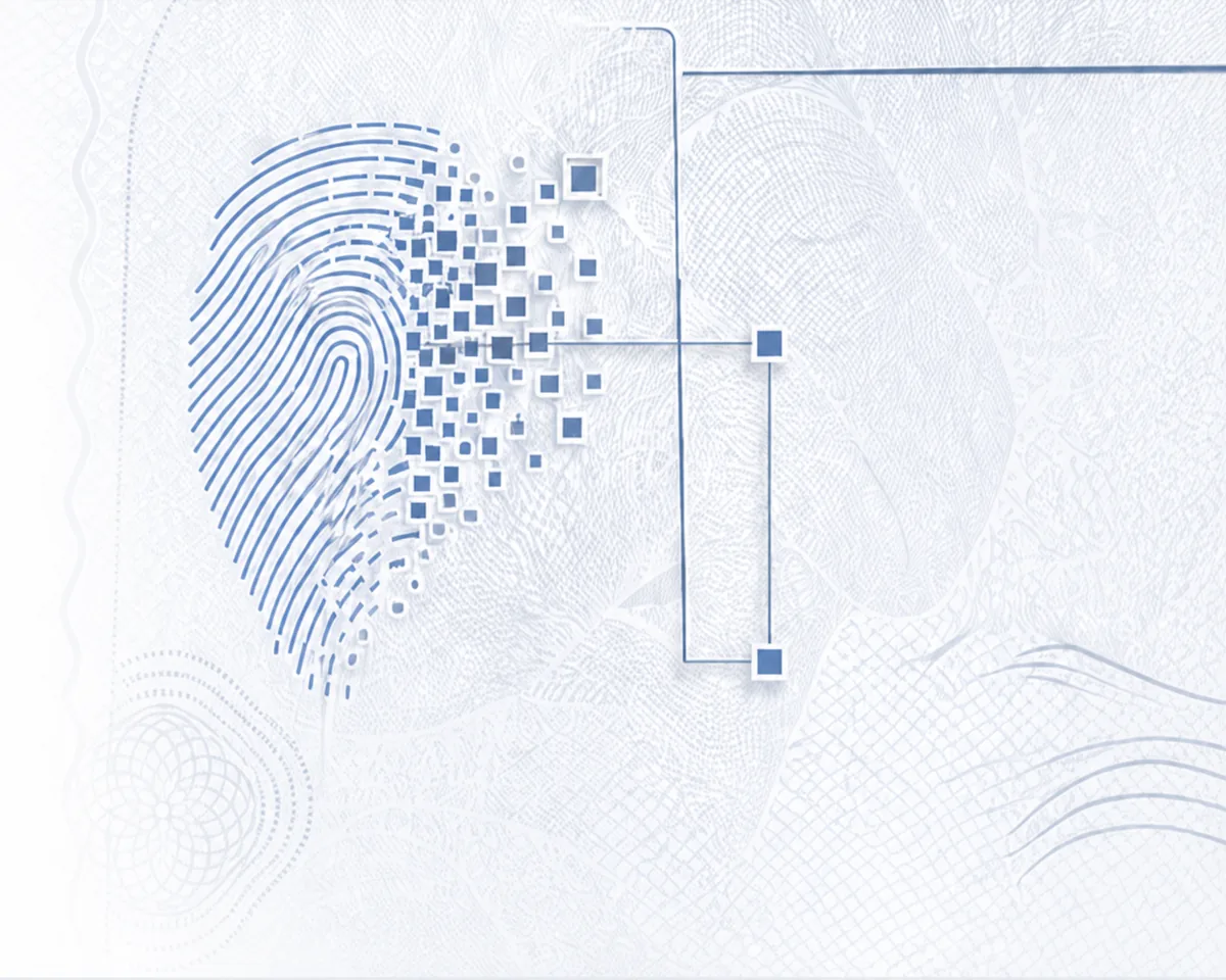 Abstract identity document security pattern with a fingerprint breaking into evidence pixels