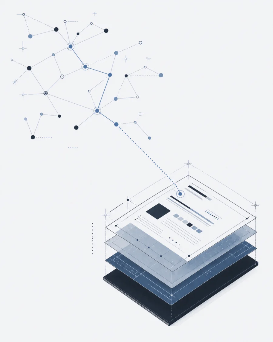 Abstract network observation trail converging into an organized technical folio