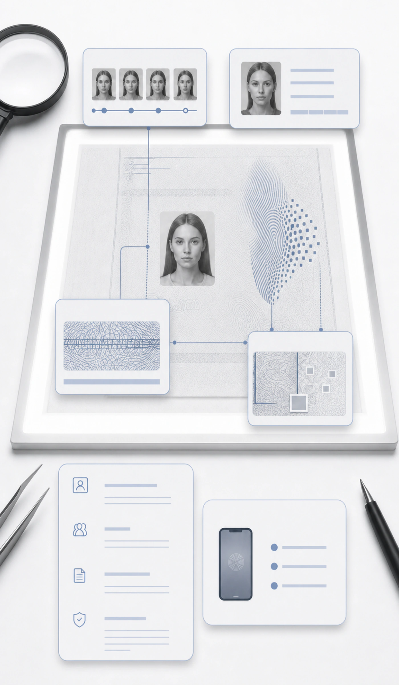 Forensic light table showing several checks applied to one identity document